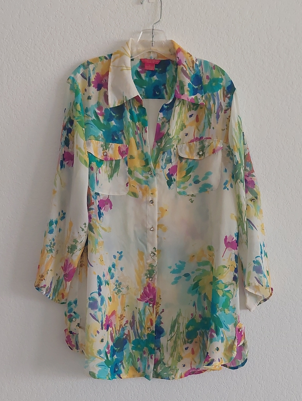 SUNNY LEIGH WOMAN Floral Button-Up Roll-Tab Sleeves Blouse NWOT